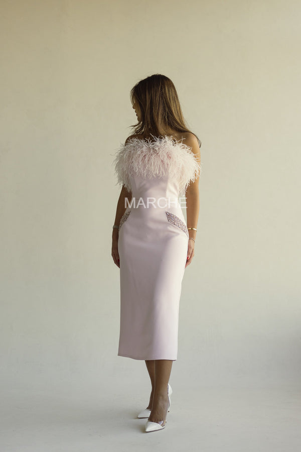 STRAPLESS BUST FEATHER MIDI PARTY DRESS