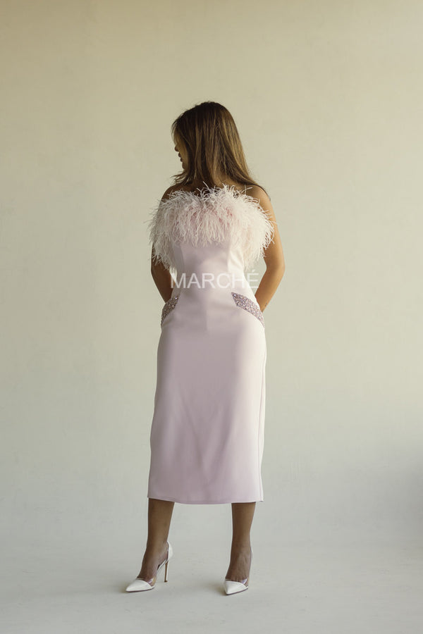 STRAPLESS BUST FEATHER MIDI PARTY DRESS