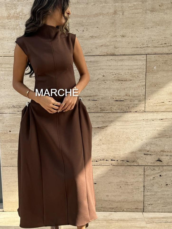 FASHION SLEEVELESS METAL BUTTON SKEW LONG DRESS