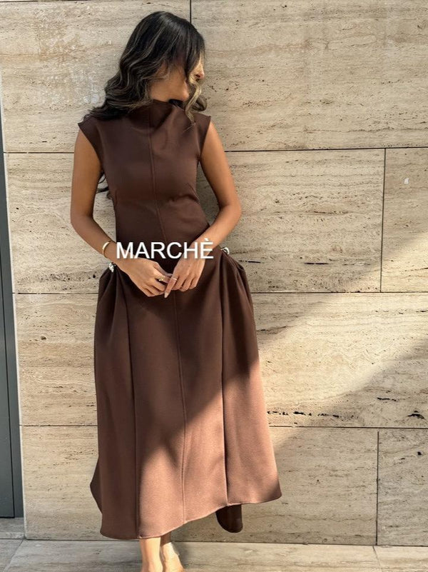 FASHION SLEEVELESS METAL BUTTON SKEW LONG DRESS