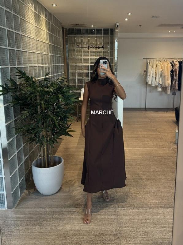 FASHION SLEEVELESS METAL BUTTON SKEW LONG DRESS