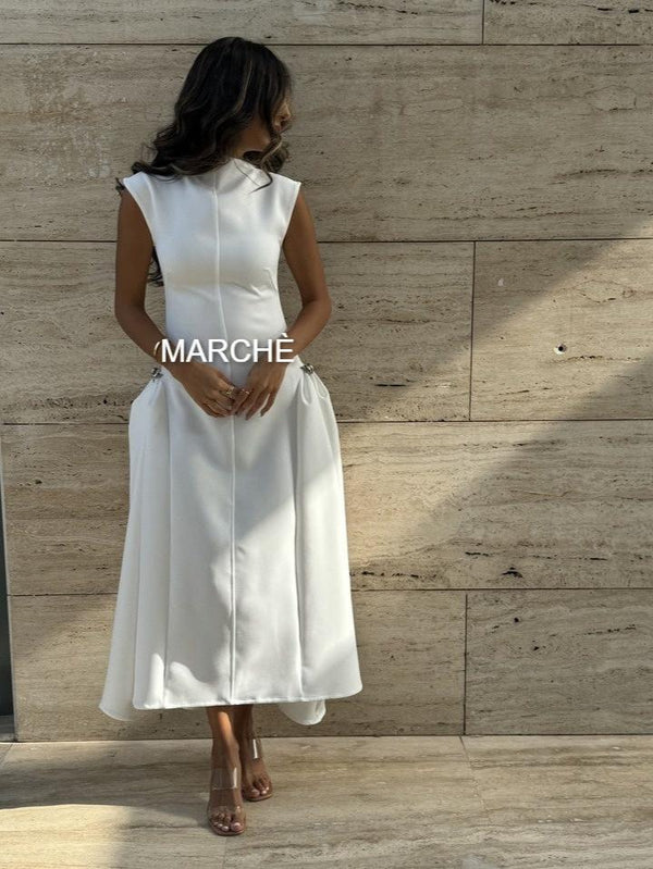 FASHION SLEEVELESS METAL BUTTON SKEW LONG DRESS