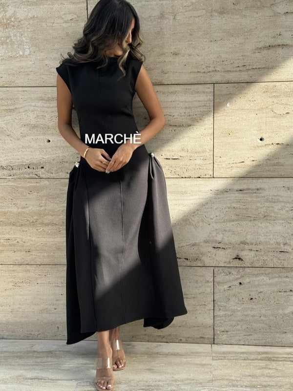 FASHION SLEEVELESS METAL BUTTON SKEW LONG DRESS