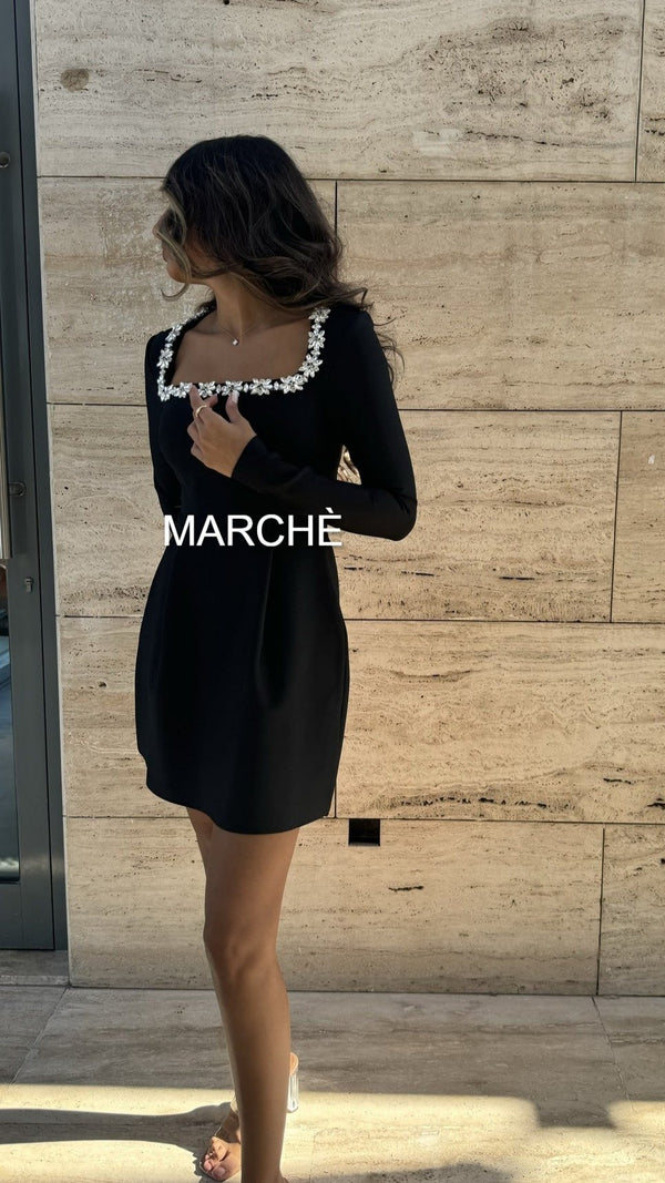 CRYSTAL SQAURE NECK LONG SLEEVES MINI DRESS