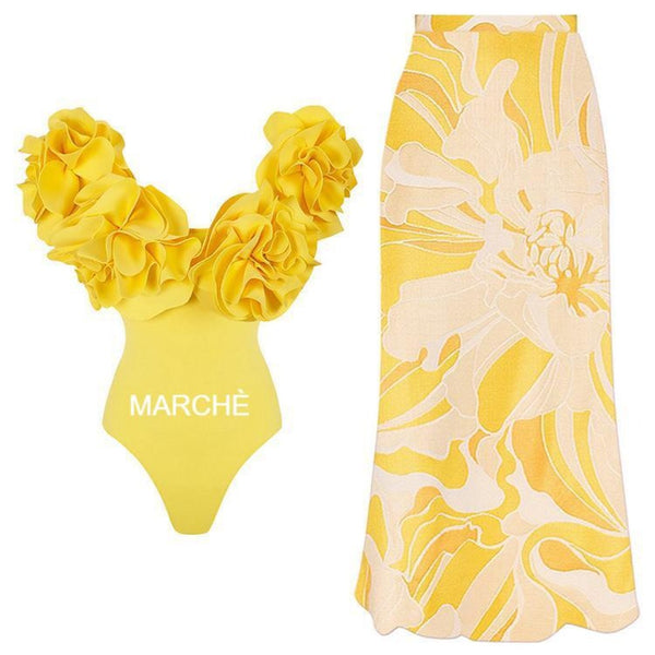 V-NECK RUFFLE DETAIL ONE PIECE SWIMSUIT  WITH LONG SKIRT