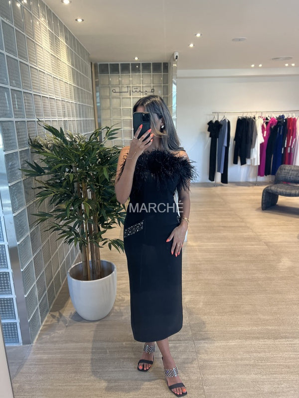 STRAPLESS BUST FEATHER MIDI PARTY DRESS