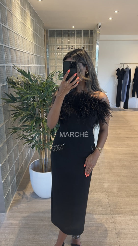 STRAPLESS BUST FEATHER MIDI PARTY DRESS