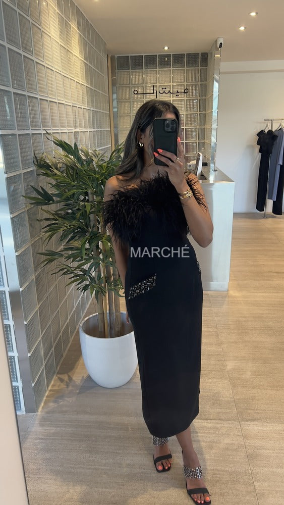 STRAPLESS BUST FEATHER MIDI PARTY DRESS