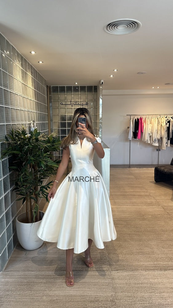 V-NECK SHORT SLEEVE SATIN EVENING DRESS