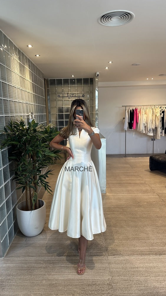 V-NECK SHORT SLEEVE SATIN EVENING DRESS