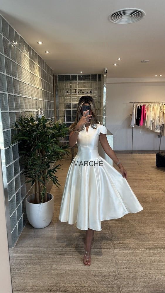 V-NECK SHORT SLEEVE SATIN EVENING DRESS
