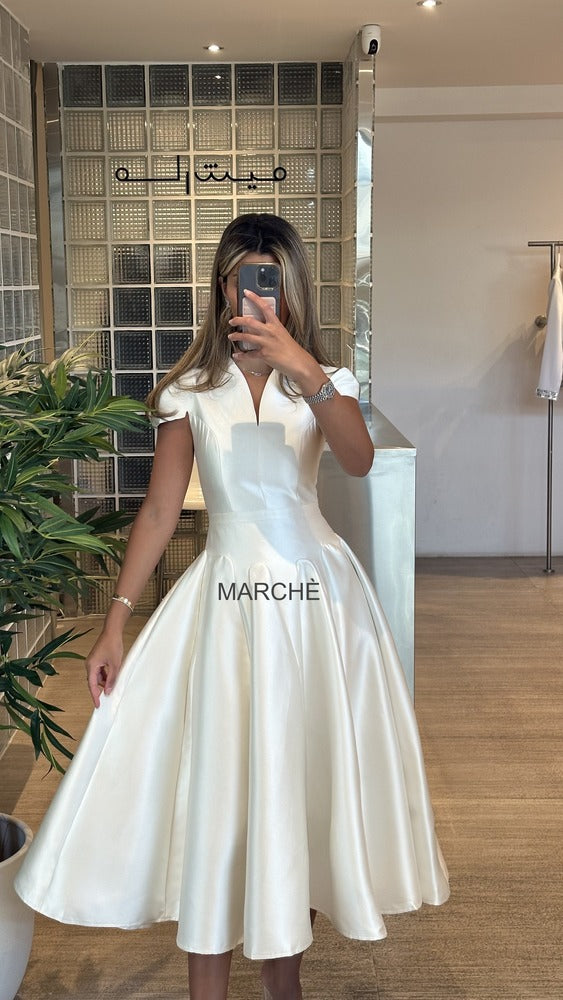 V-NECK SHORT SLEEVE SATIN EVENING DRESS