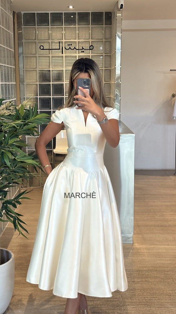 V-NECK SHORT SLEEVE SATIN EVENING DRESS