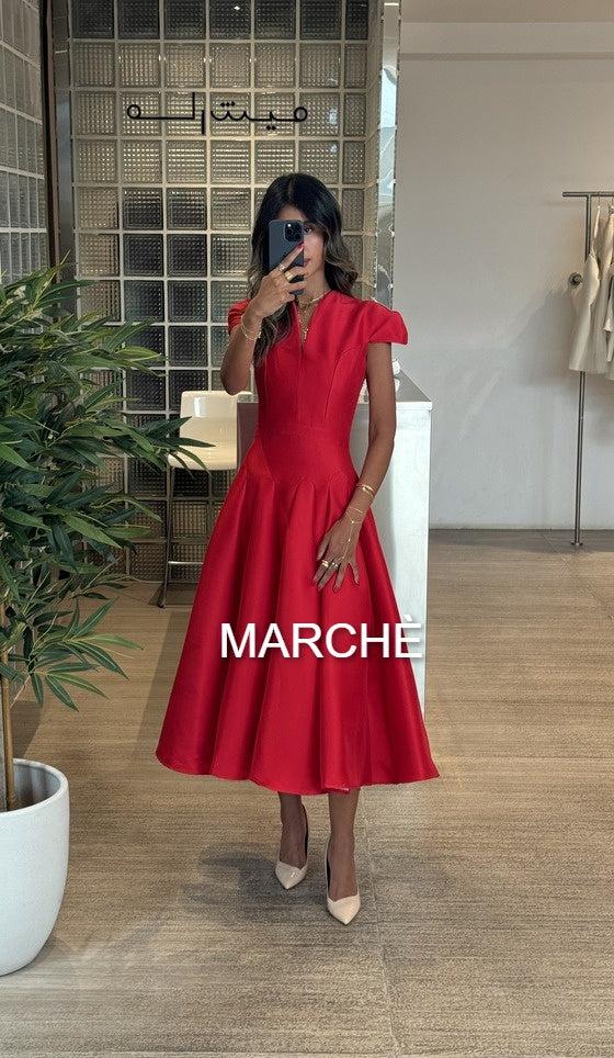 V-NECK SHORT SLEEVE SATIN EVENING DRESS