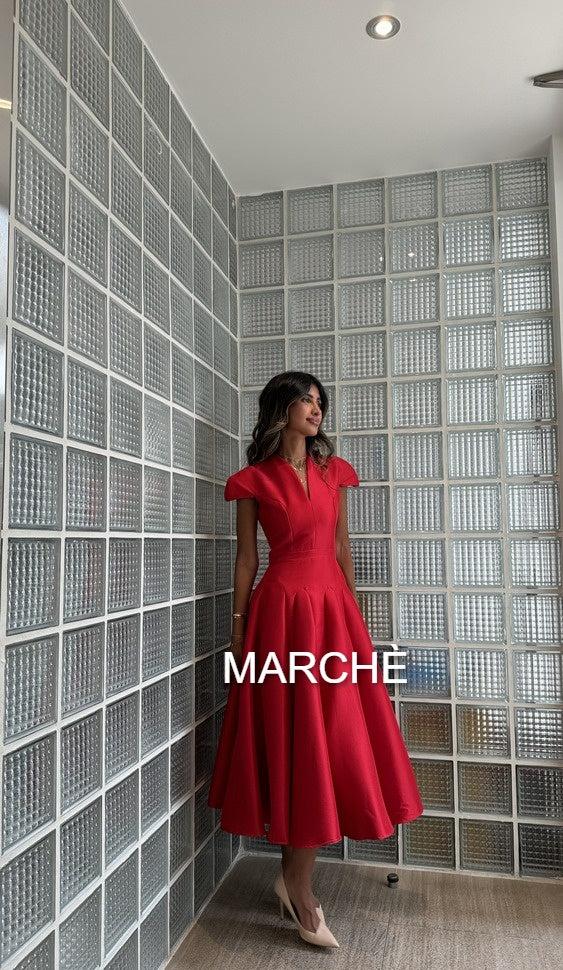 V-NECK SHORT SLEEVE SATIN EVENING DRESS