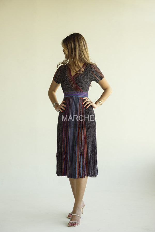 RAINBOW  V-NECK SHORT SLEEVE DRESS