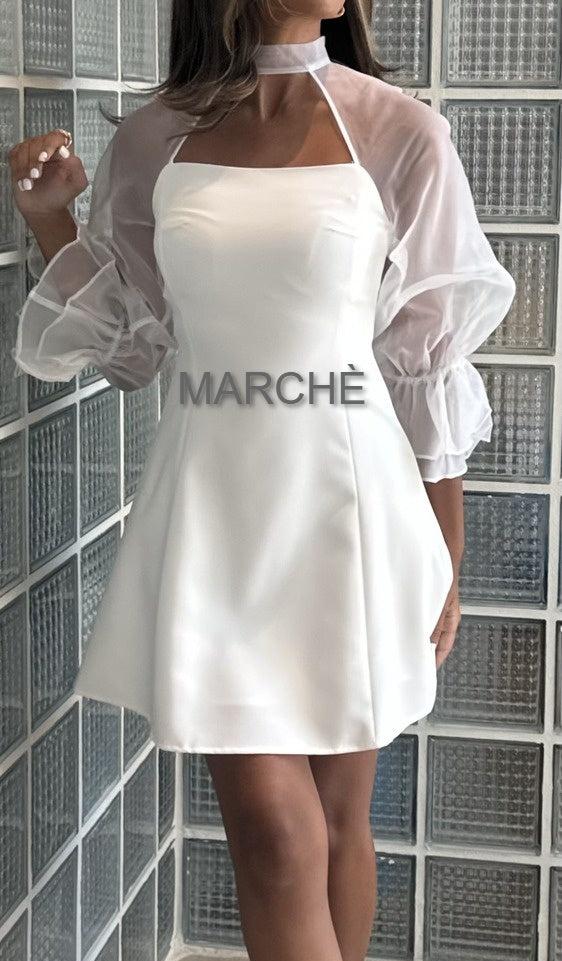 HOLLOW OUT HALTER NECK FLARE SLEEVE SHORT DRESS