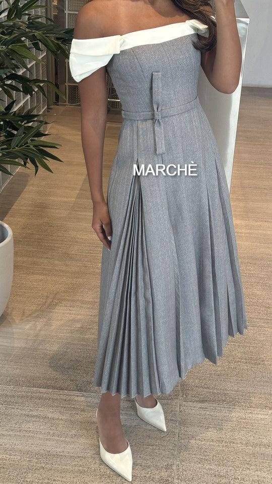 SQUARE COLOR SPLICED PLEATED ELEGANT DRESS