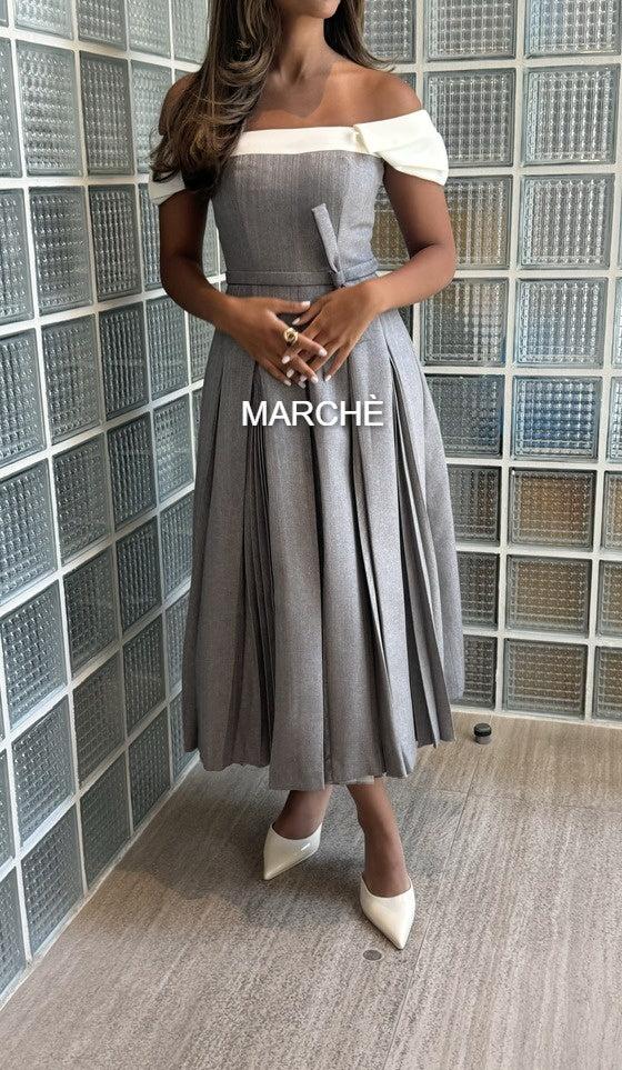 SQUARE COLOR SPLICED PLEATED ELEGANT DRESS