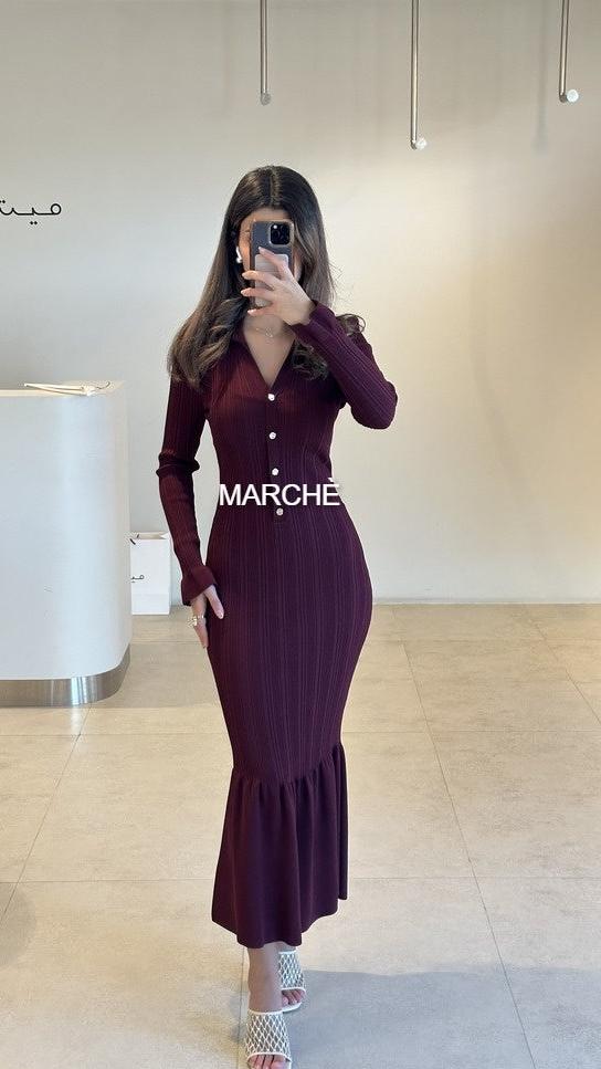 V-NECK KNITTED LONG DRESS