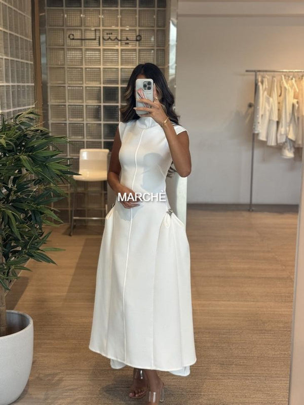 FASHION WOMEN DRESS METAL BUTTON SKEW LONG DRESS