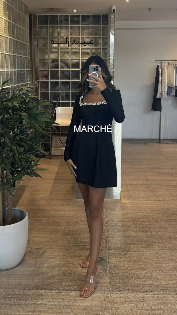 CRYSTAL SQAURE NECK LONG SLEEVES MINI DRESS