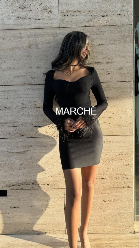 SEXY CHIC LONG SLEEVE FEATHER SHORT DRESS