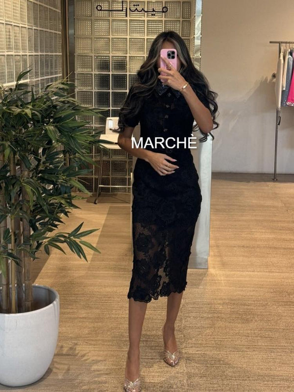 LACE BLACK SHORT SLEEVE LONG DRESS