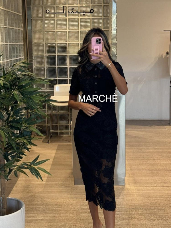 LACE BLACK SHORT SLEEVE LONG DRESS