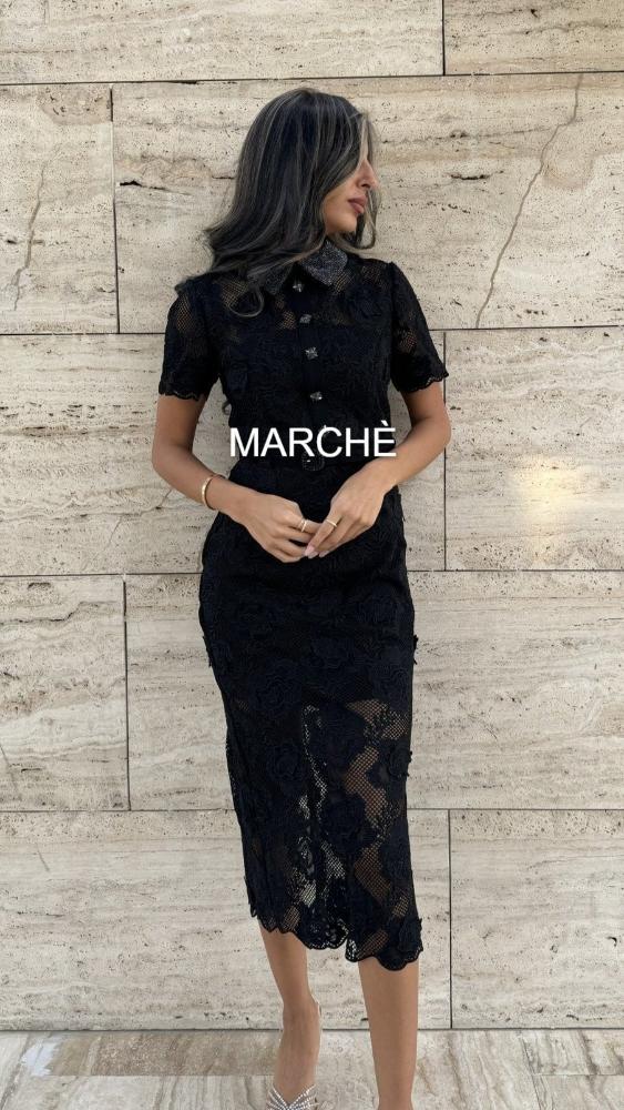 LACE BLACK SHORT SLEEVE LONG DRESS