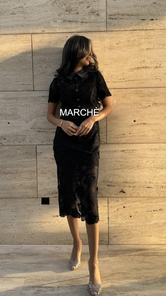 LACE BLACK SHORT SLEEVE LONG DRESS