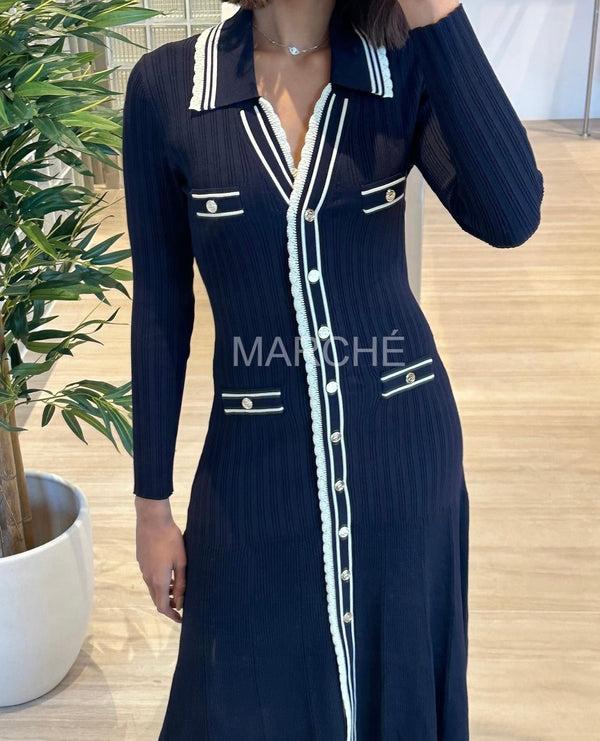 stripes knitted dress V-neck long-sleeved