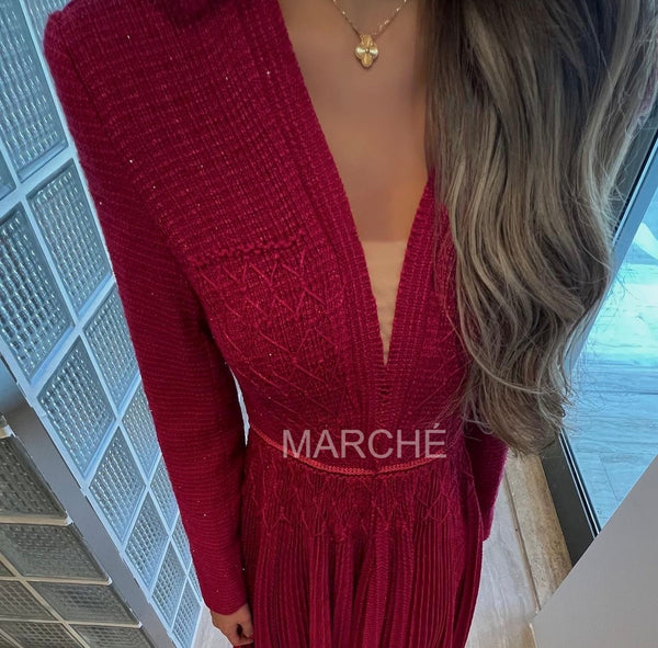 V-neck Long Sleeve  Knitting Pleated High Waist