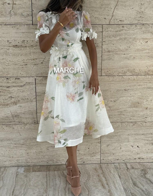 LIFTOFF THREE DIMENSIONAL FLOWERS SHORT SLEEVE LONG DRESS