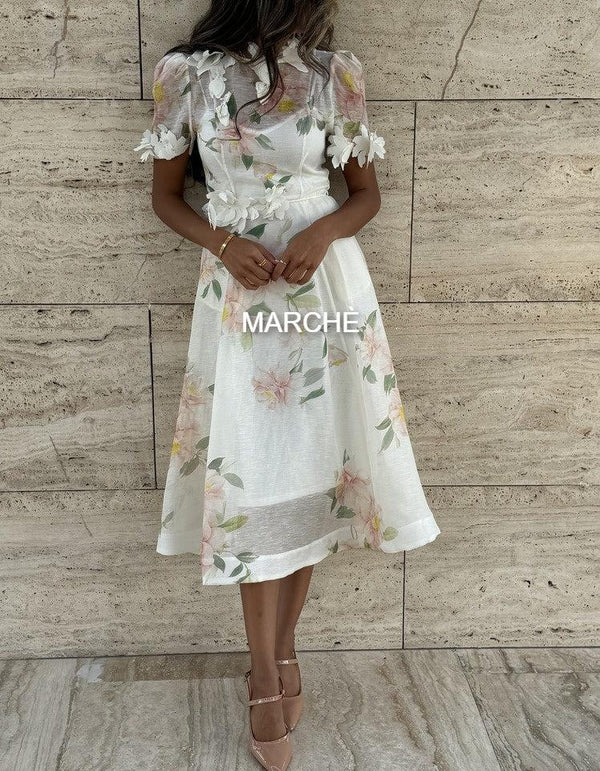 LIFTOFF THREE DIMENSIONAL FLOWERS SHORT SLEEVE LONG DRESS