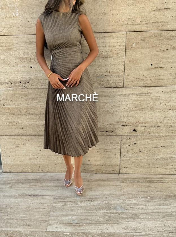 IRREGULAR SLEEVELESS O-NECK PLEATED DRESS