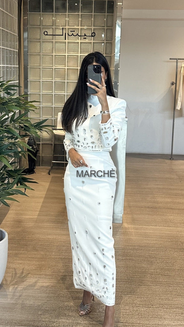 PC SET Stand Collar Top Zip Back Cropped Tops Long Skirts