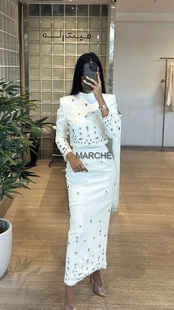 2 PC SET Stand Collar Top Zip Back Cropped Tops Long Skirts