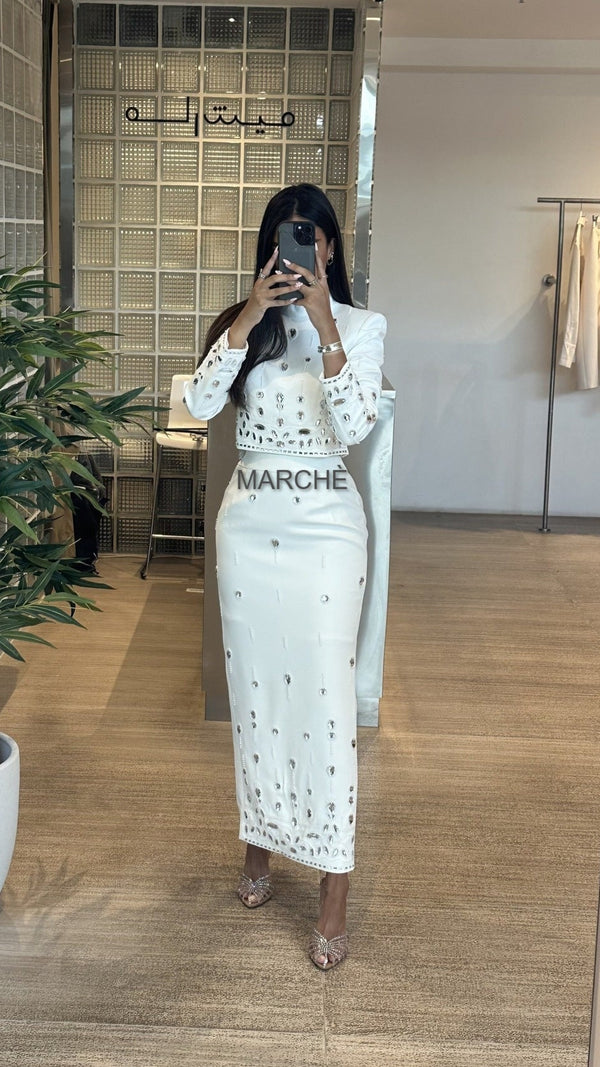 2 PC SET Stand Collar Top Zip Back Cropped Tops Long Skirts