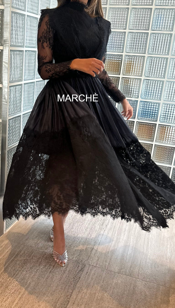 ELEGANT LACE BACKLESS  LONG SLEEVE HOLLOW OUT SKIRT DRESS