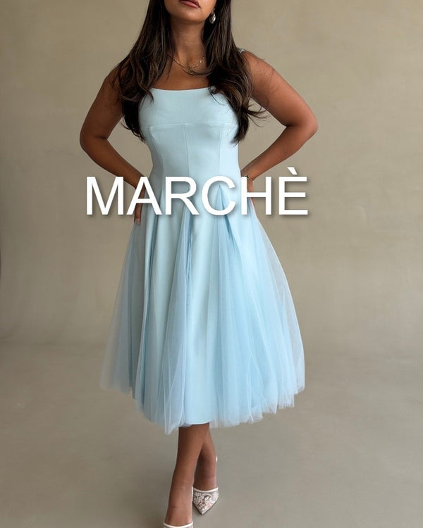 SQUARE NECK TULLE A LINE DRESS