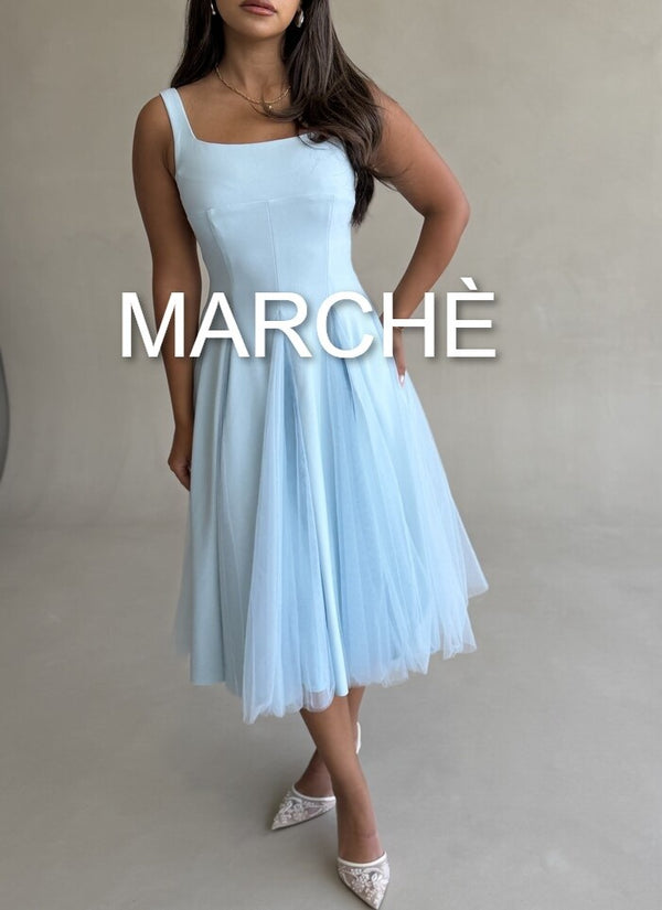 SQUARE NECK TULLE A LINE DRESS