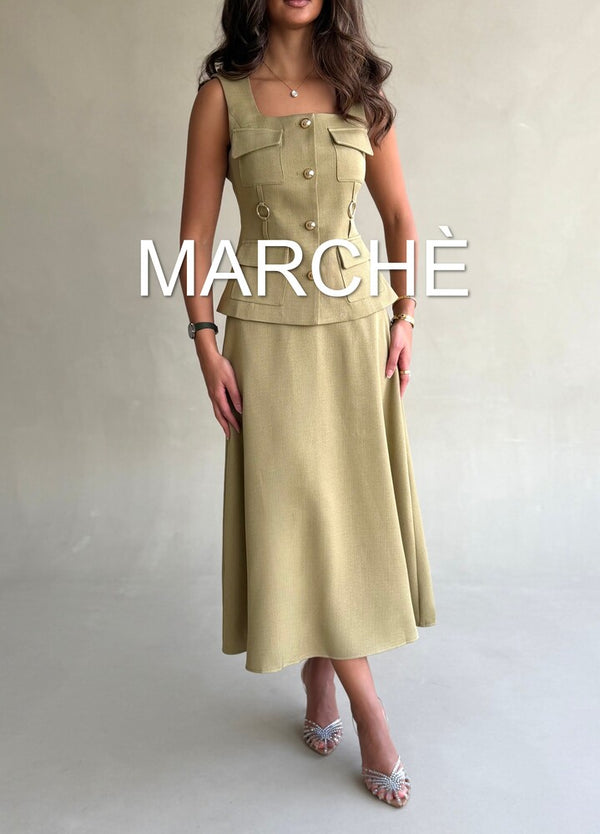 SQUARE NECK GOLD BUTTON TOP + SKIRT