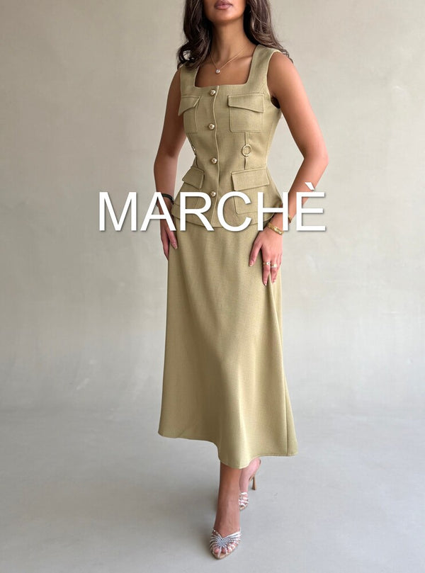 SQUARE NECK GOLD BUTTON TOP + SKIRT