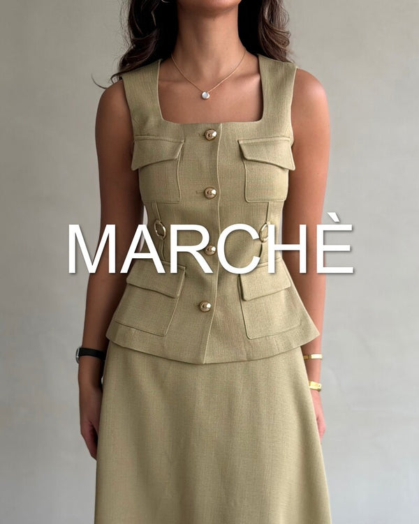SQUARE NECK GOLD BUTTON TOP + SKIRT