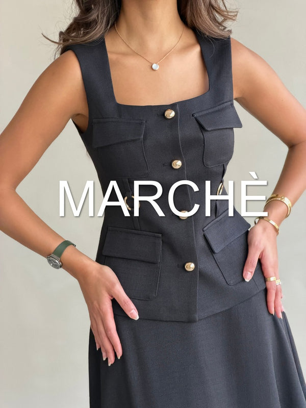 SQUARE NECK GOLD BUTTON TOP + SKIRT