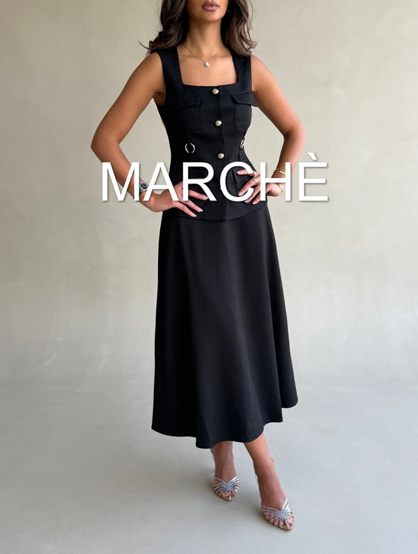 SQUARE NECK GOLD BUTTON TOP + SKIRT