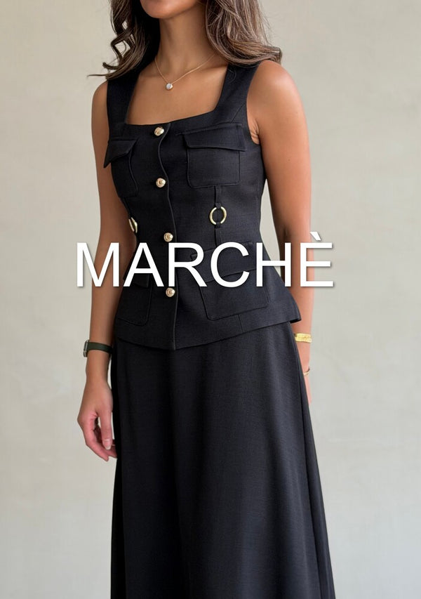 SQUARE NECK GOLD BUTTON TOP + SKIRT