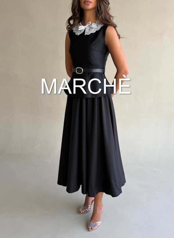 LACE-NECK COCKTAIL SATIN DRESS