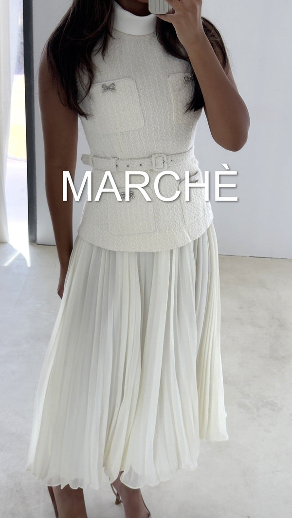 TWEED SPLICED CHIFFON PLEATED DRESS